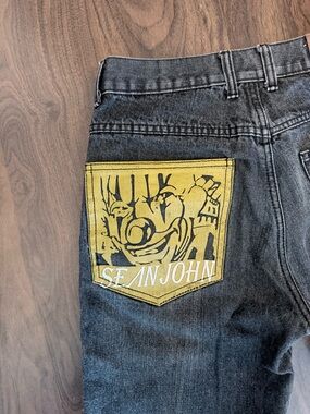 Y2K Sean John Baggy Navy Blue & Gold Embroidered Clown Pocket Design Jeans